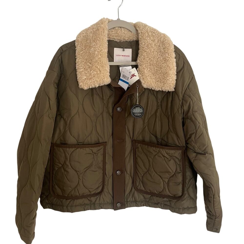 Lucky Brand Quilted Sherpa Collar Womens Jacket XL Olive NWT